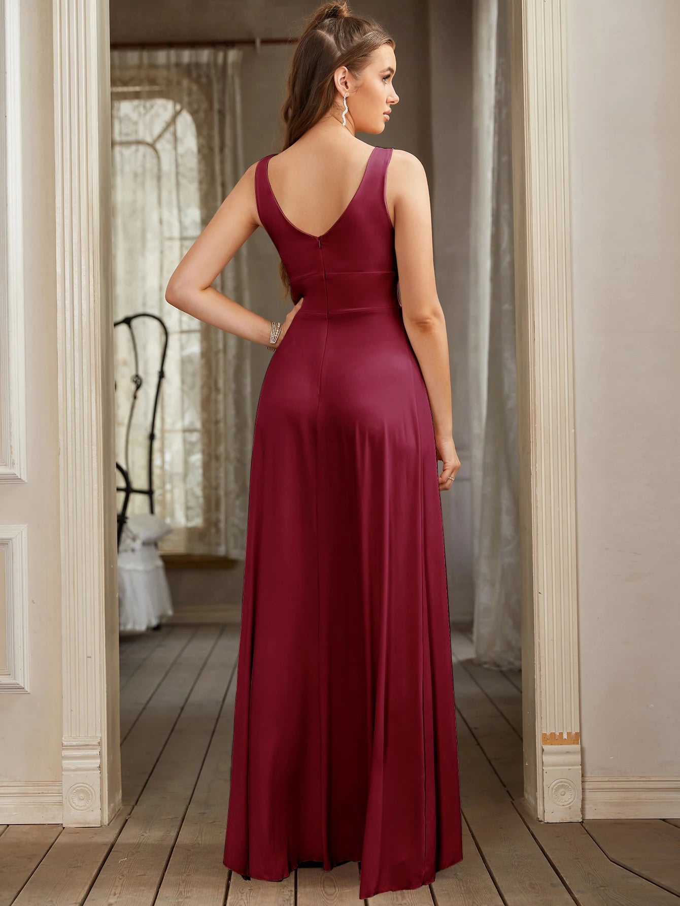 Elegant A-Line Split V-Neck Women's Party Formal Dress Sleeveless Floor Length Birthday Gown