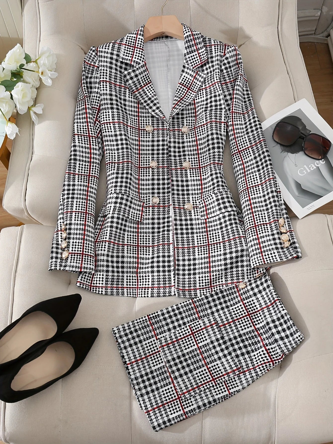 Women's Thousand Bird Casual Two-Piece Suit Set, Long Sleeved Flip Top Double Breasted Suit Jacket and Mini Hip Hugging Skirt, S - Just The Fly Way