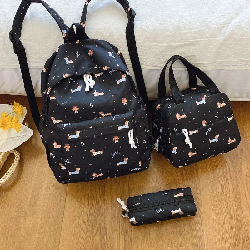 3Pc Cute Large Capacity Nylon Handbag, Backpack & Pencil Case Set with Adjustable Straps