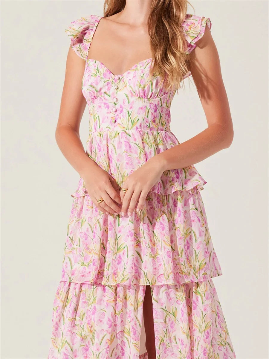 Elegant Off-Shoulder Maxi Dress with Delicate Floral Print and Flowy Ruffled Layers Perfect for Spring and Summer Events - Just The Fly Way