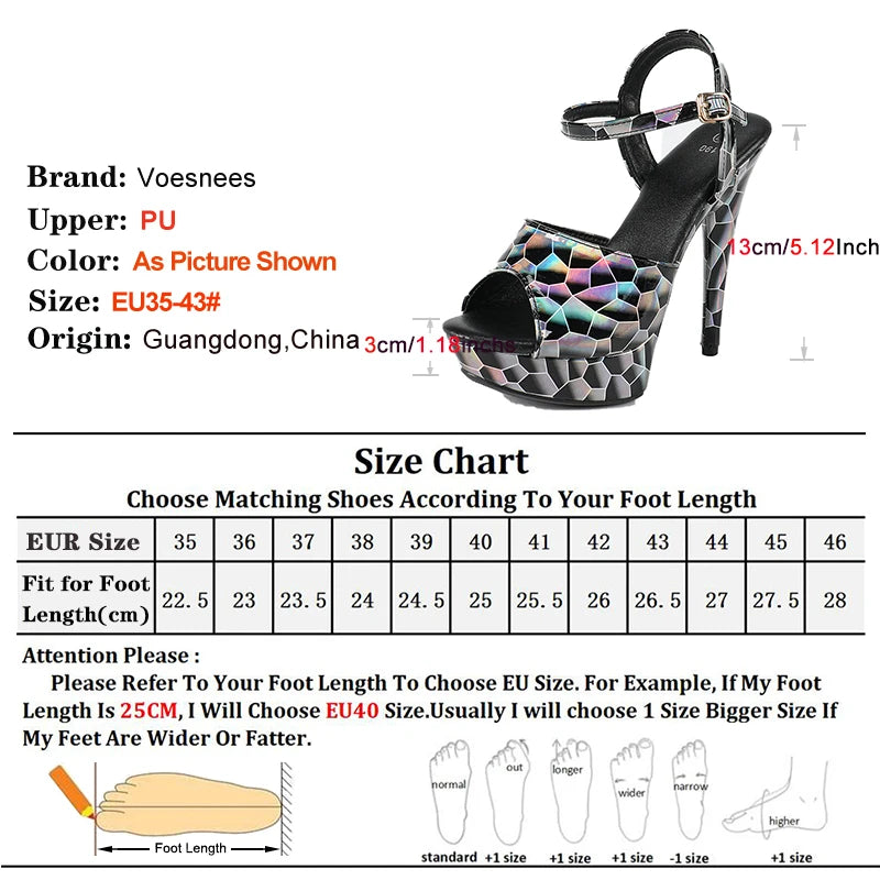 Fashionable, Bold and Beautiful DressHologram Iridescent PU Leather Buckle Strap Sandals For Woman 13CM Stiletto Summer Platform Heels Europe and America Party Shoes