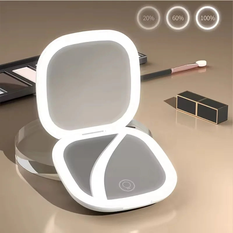 Portable LED Makeup Mirror, Double-Sided Lighted Mirror, Rechargeable 5X Magnification Folding Dressing Mirror for Touch-Ups.