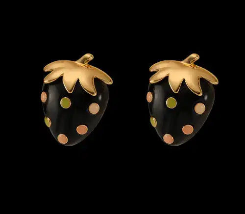 Retro Style Black and Gold Strawberry Earrings with High Quality Copper Stud - Just The Fly Way