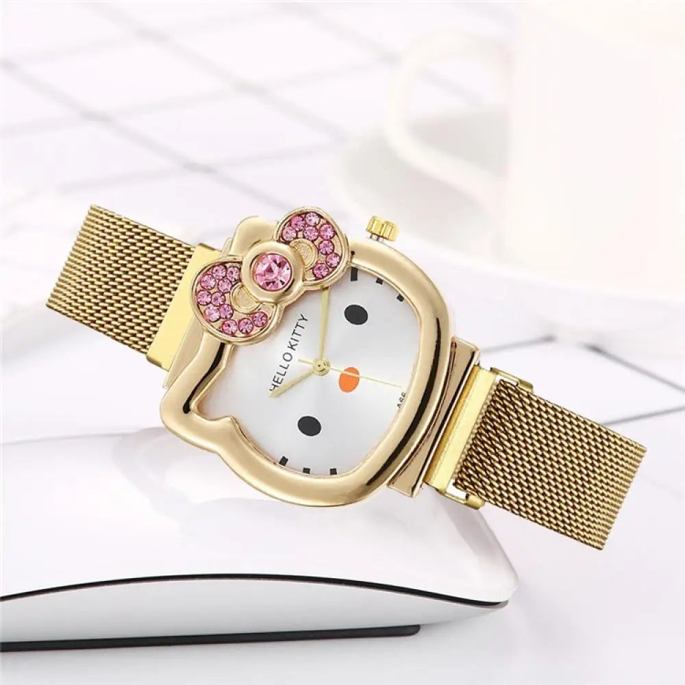 Gold or Silver Metal Ladies Kawaii Pink Hello Kitty Rhinestone Watch