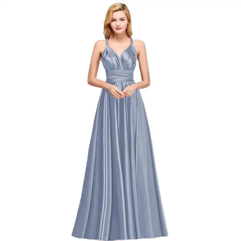 Bridesmaid Dress - Convertible Gown in grey-blue with halter V neckline and sleeveless design. Floor-length multiway wrap style for formal events.