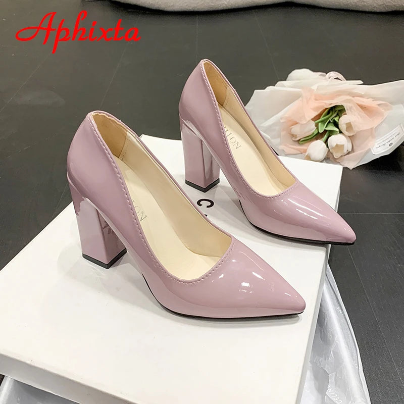 Women's Patent Leather 10cm Square Heel Shoes by Aphixta - Extended Sizes 31-50