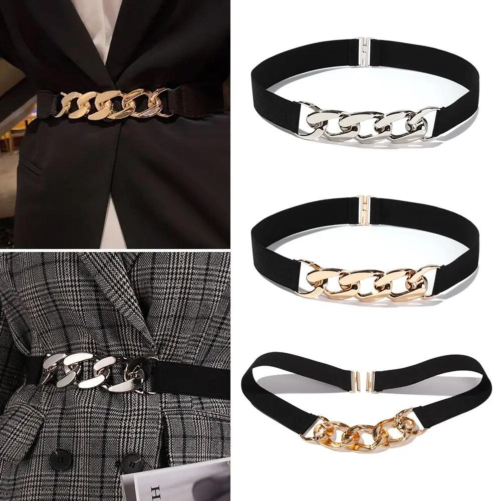 Fashion Elastic Belt, Gold or Silver Metal Buckle on Belt - Just The Fly Way