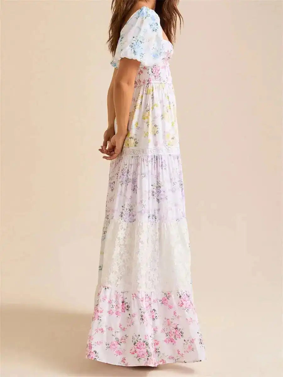 Elegant Floral Print Short Sleeve A-Line Dress with Ruffled Hem for Women Perfect for Cocktail Parties and Streetwear Fashion - Just The Fly Way