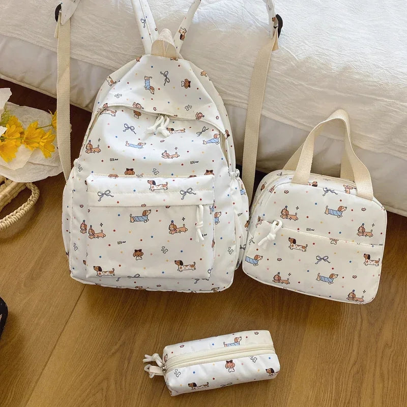 3Pc Cute Large Capacity Nylon Handbag, Backpack & Pencil Case Set with Adjustable Straps