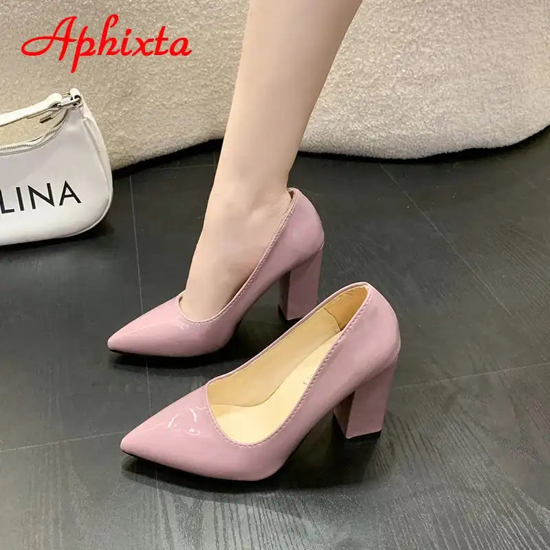 Women's Patent Leather 10cm Square Heel Shoes by Aphixta - Extended Sizes 31-50