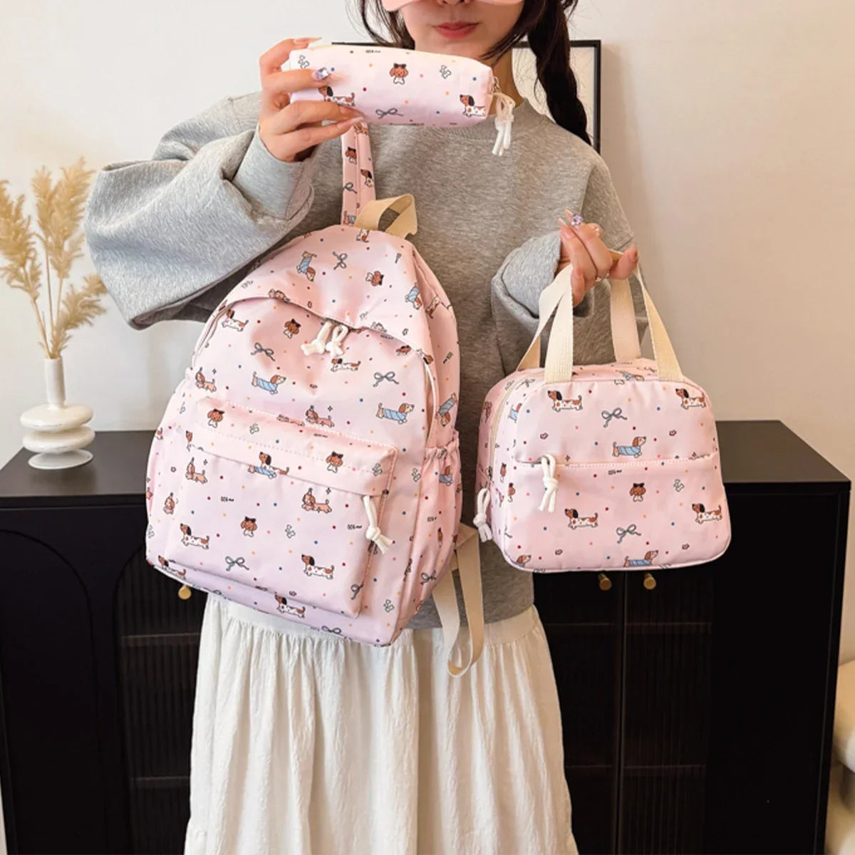 3Pc Cute Large Capacity Nylon Handbag, Backpack & Pencil Case Set with Adjustable Straps
