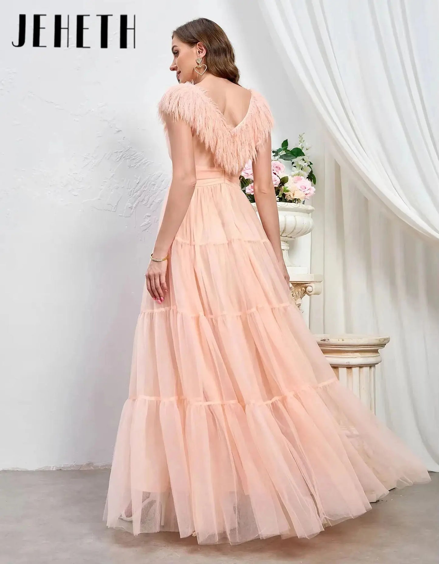 JEHETH Elegant A-Line Prom Dress Sexy Puffy Feather Sleeve Party Dress Backless Long Evening Party Bridesmaids Gowns Customized