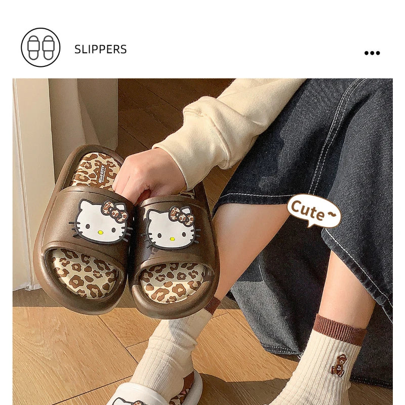 Miniso Hello Kitty Cute Leopard Print Slippers Trendy Open-Toe Slide Sandals in Chic Two-Tone Design Comfortable EVA Material