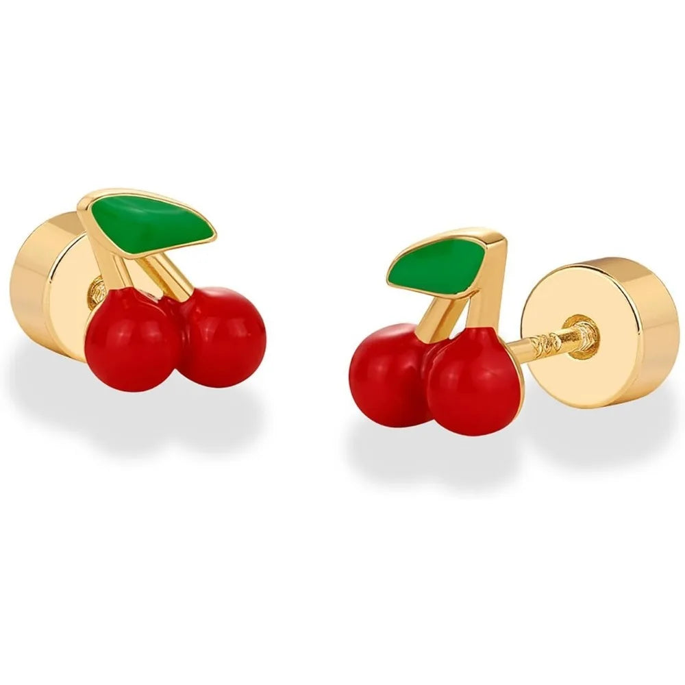 14K Gold Plated Sterling Silver Posts Enamel Flatback Stud Earrings for Women - Colored Chili Pepper Strawberry Peach Cherry Emo - Just The Fly Way