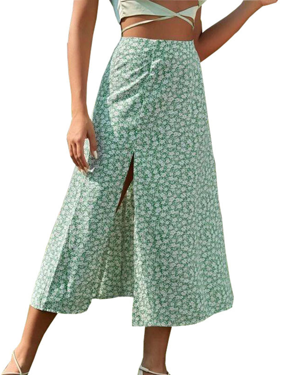 Women s Floral Print Midi Skirts Mid Waist Side Slit Skirts Spring Summer Fashion Casual A-line Skirts - Just The Fly Way