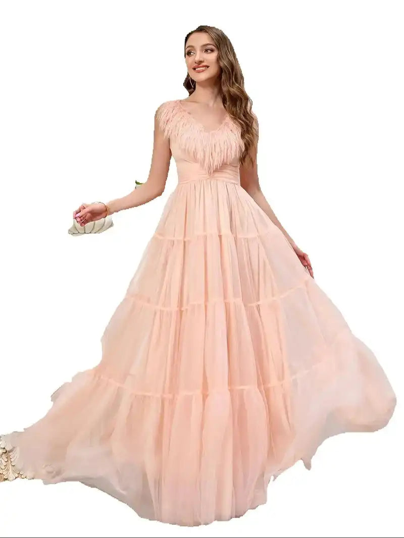 Elegant Wedding Dress Dusty Pink Ruched Backless Long Evening Party Bridesmaids Gowns Sexy Puffy Feather Sleeve Prom Dress