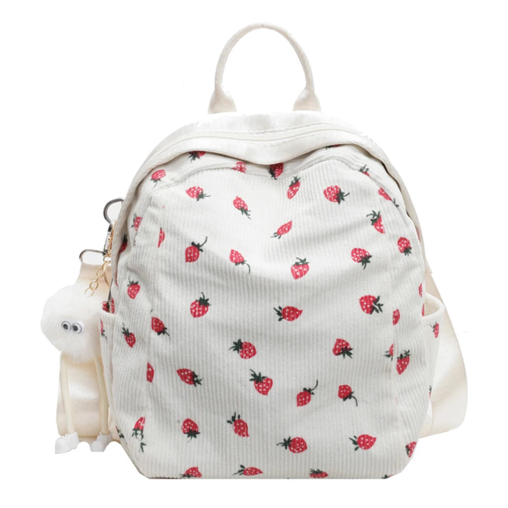 Fashionable, Bold and Beautiful DressTrendy Strawberry Kawaii Backpack - Lightweight Corduroy Bookbag for Women, Teens & Girls