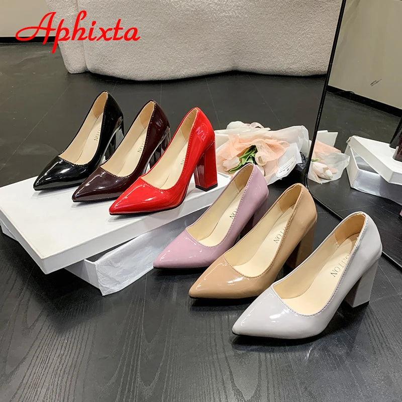 Women's Patent Leather 10cm Square Heel Shoes by Aphixta - Extended Sizes 31-50