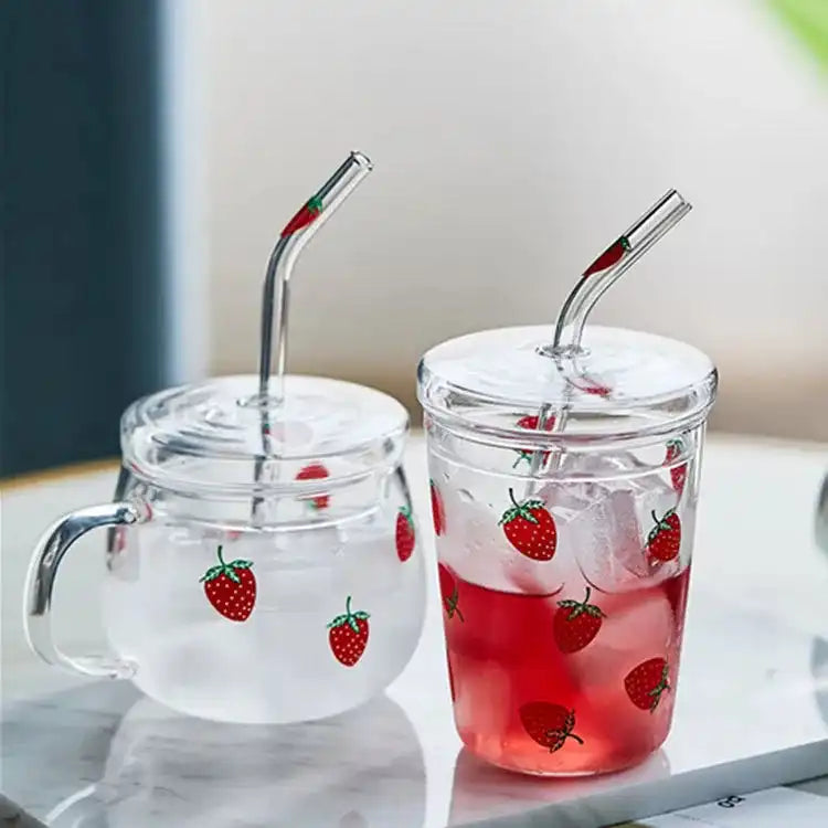 Cute Heat Resistant Strawberry Glass Cups with Lid and Straw - Perfect for Drinks! - Just The Fly Way