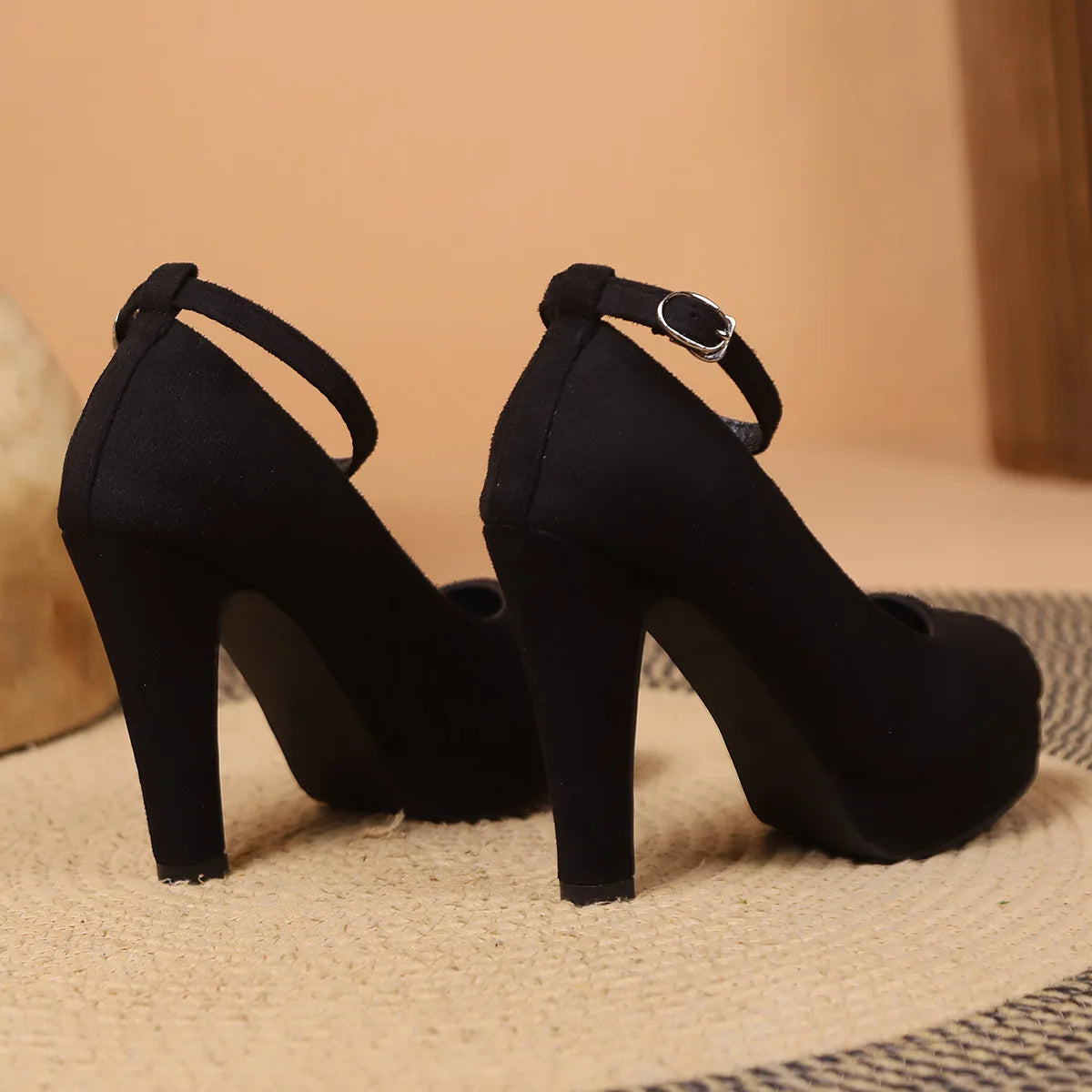 Fashionable, Bold and Beautiful DressLarge Size 42 Sexy Super High Heels Shoes for Women Ankle Buckle Chunky Platform Pumps Woman Black Flock Square Heel Party Shoes