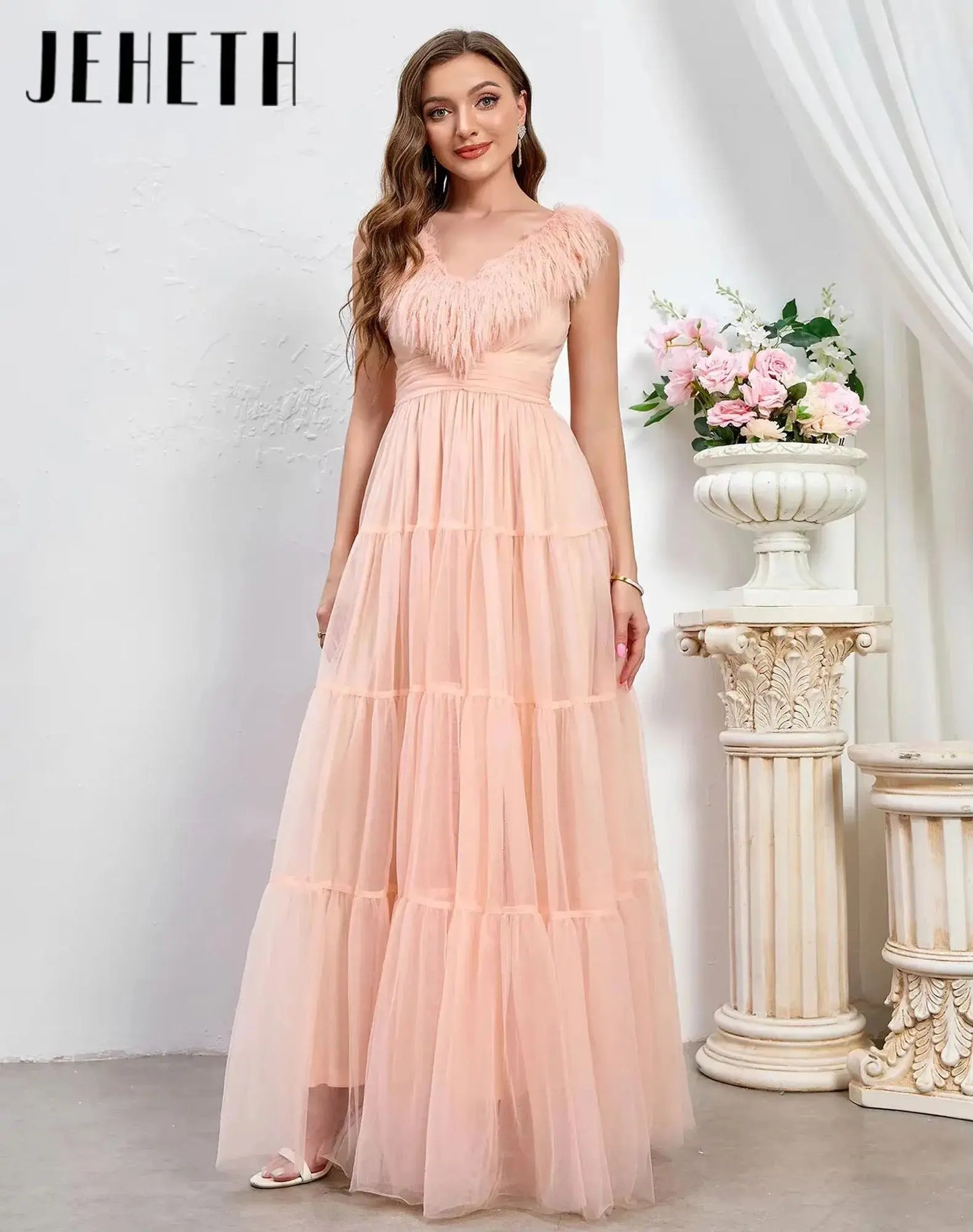 JEHETH Elegant A-Line Prom Dress Sexy Puffy Feather Sleeve Party Dress Backless Long Evening Party Bridesmaids Gowns Customized