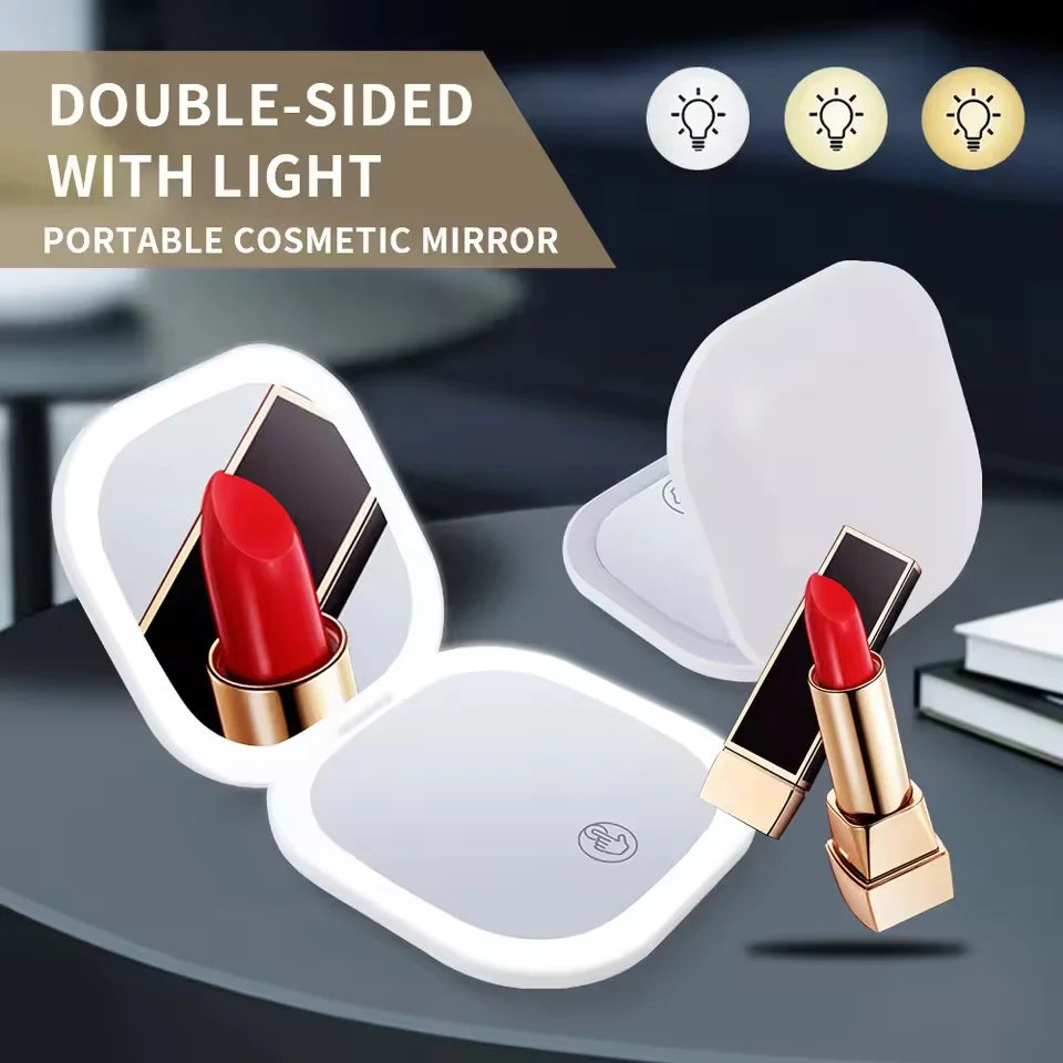 Portable LED Makeup Mirror, Double-Sided Lighted Mirror, Rechargeable 5X Magnification Folding Dressing Mirror for Touch-Ups.