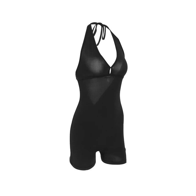 Sleek Halter Black Romper, Sleeveless, Backless - Just The Fly Way