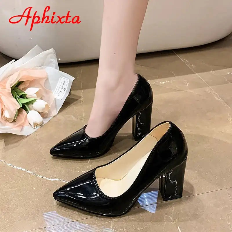 Women's Patent Leather 10cm Square Heel Shoes by Aphixta - Extended Sizes 31-50