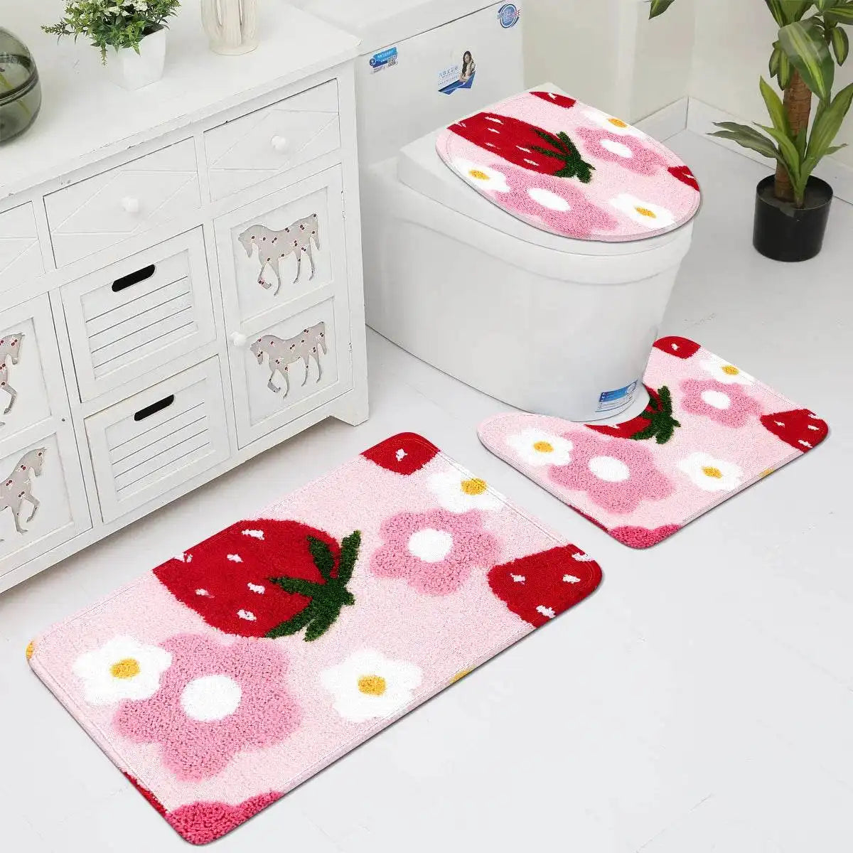 Charming Three-Piece Strawberry Bathroom Rug Set for a Delightful Decor Upgrade - Just The Fly Way