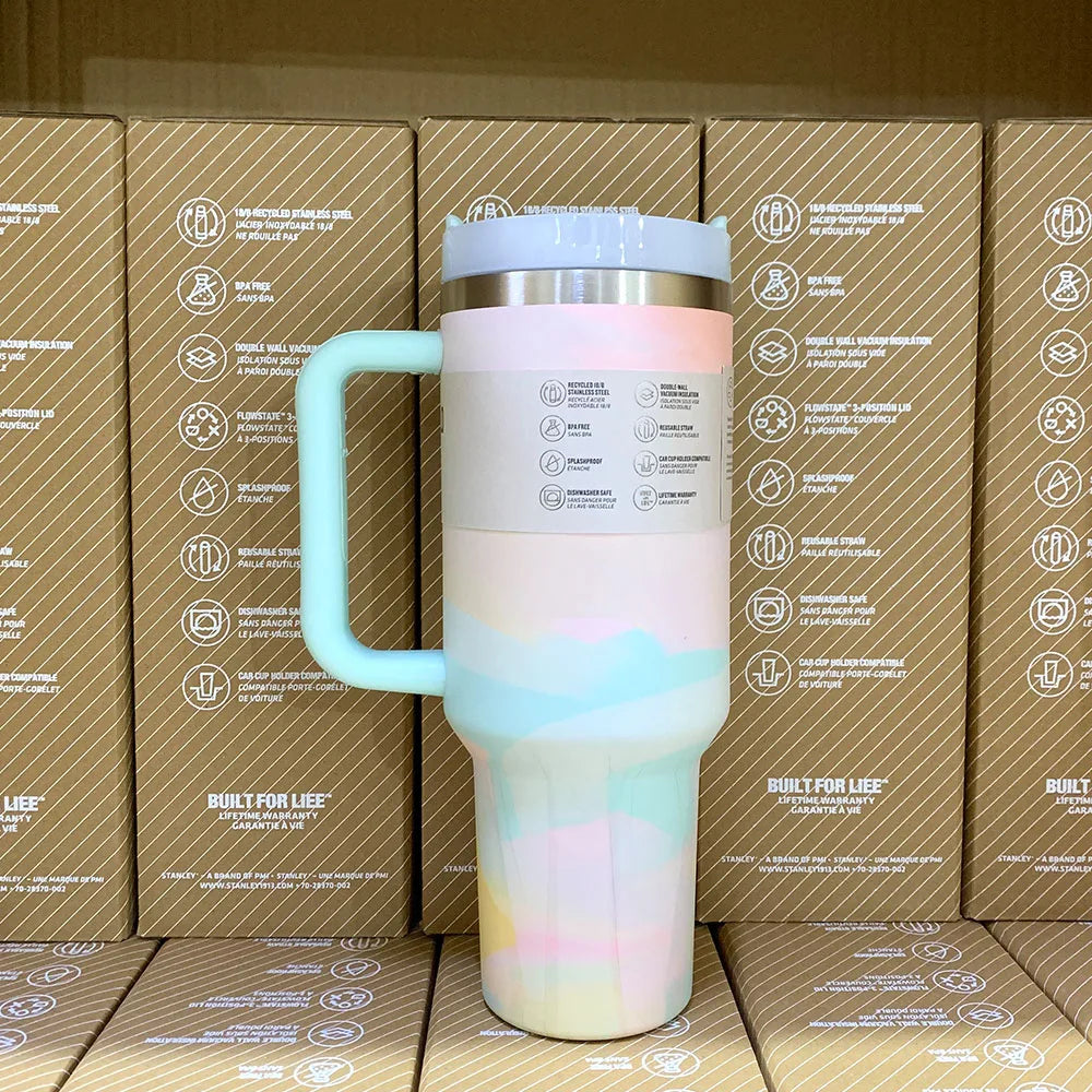 40oz Handle Straw Vacuum Insulated Car Mug Star Blue Lid Stainless Steel Double Wall Thermal Iced Travel Cup for s