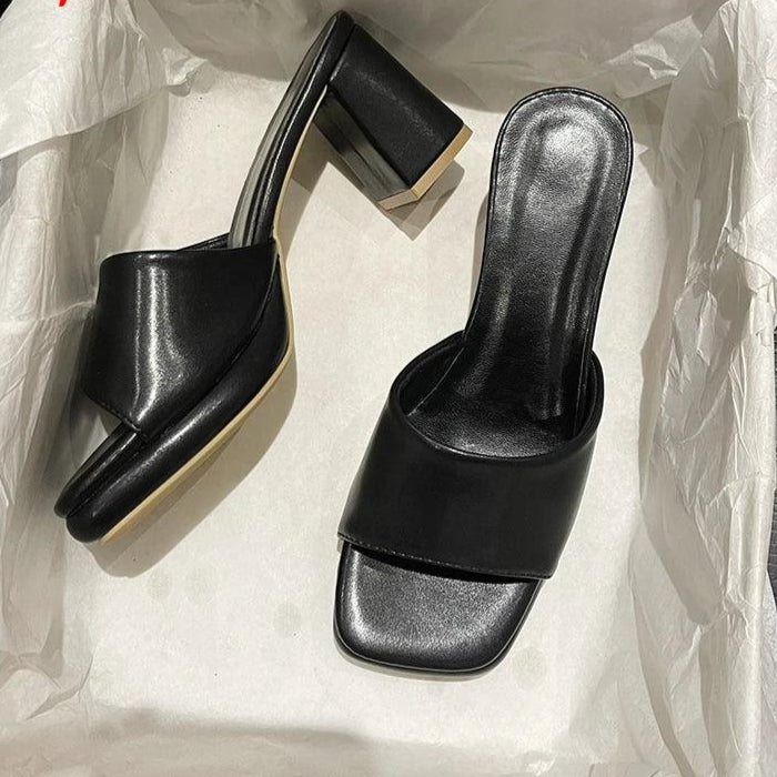 Women's Slide Shoes With Chunky Heels And Peep Toe Design - Just The Fly Way