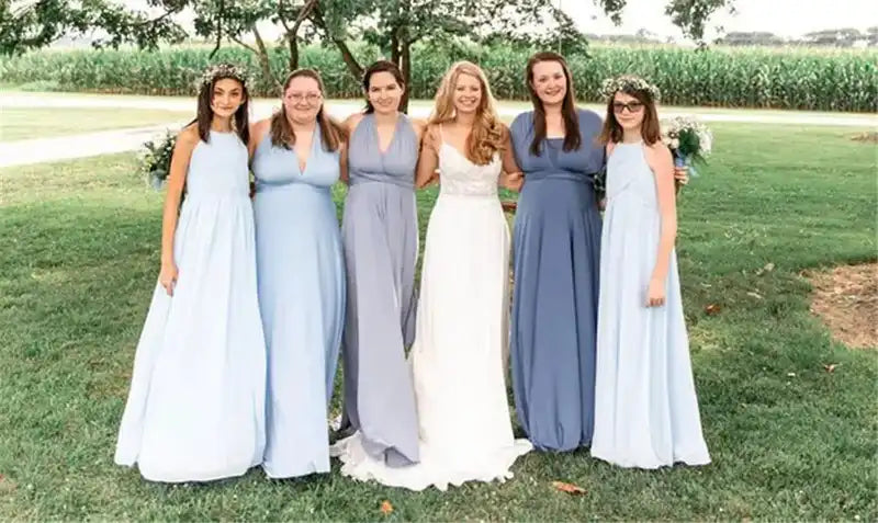 Bridesmaid Dress - Convertible Gown | Floor-Length, Sleeveless styles in soft blue tones surround bride in white lace gown, ideal for weddings.