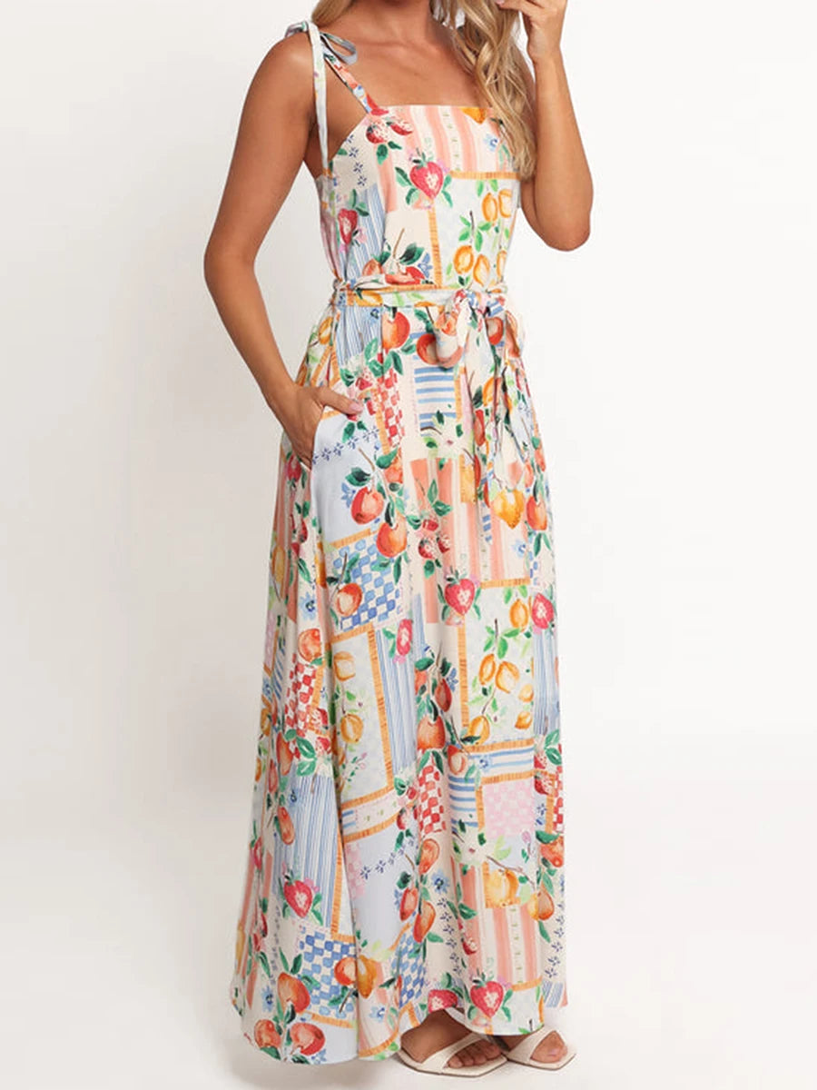 Women s Floral Print Sleeveless Maxi Dress with V-Neckline and Adjustable Spaghetti Straps for Summer Beach Wedding Party - Just The Fly Way