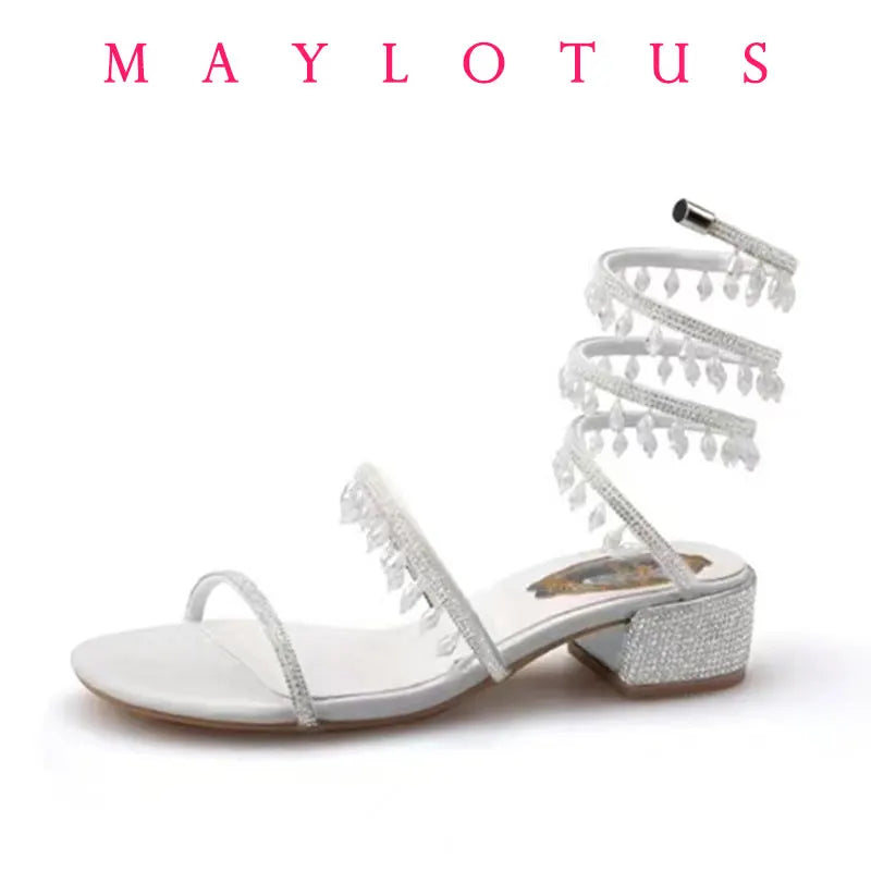 Fashionable, Bold and Beautiful Dress2025 Spring/Summer New Water Diamond Jewel Wrist Wrapped Snake-shaped High Heel Sandals Sexy Large Size Shoe Girl Women Sandals