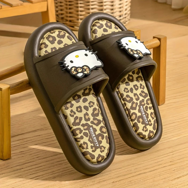 Miniso Hello Kitty Cute Leopard Print Slippers Trendy Open-Toe Slide Sandals in Chic Two-Tone Design Comfortable EVA Material