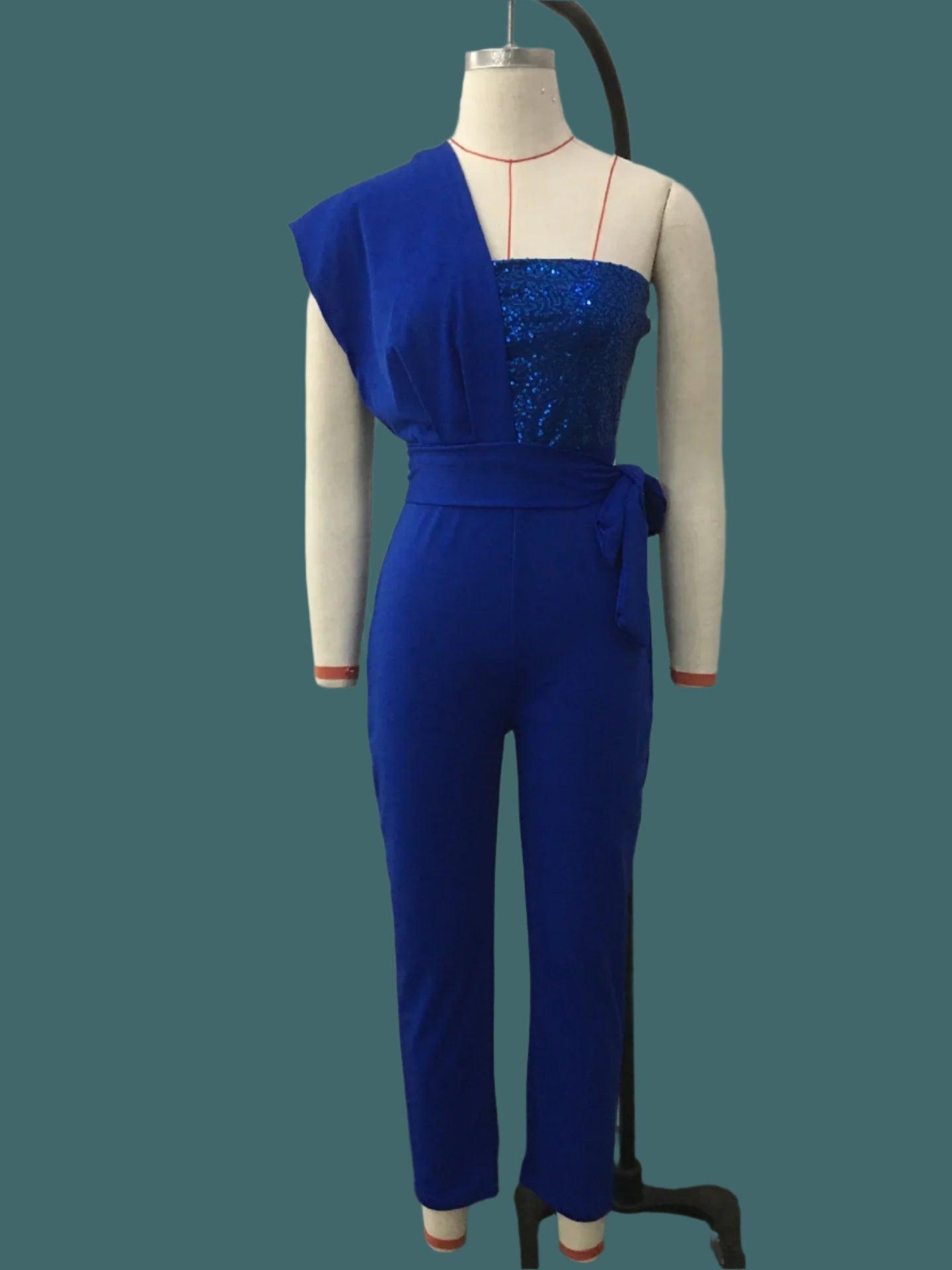 Women's Solid Color Romper, Cut-out Design, Belt Decoration, V-neck Fashion Sequin One-shoulder Bodysuit - Just The Fly Way