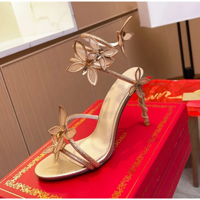Fashionable, Bold and Beautiful DressLuxury Crystal Embellished Butterfly Detail Women Sandals Sexy Coiled Strap Thin High heels Gladiator sandals Summer Party Shoes