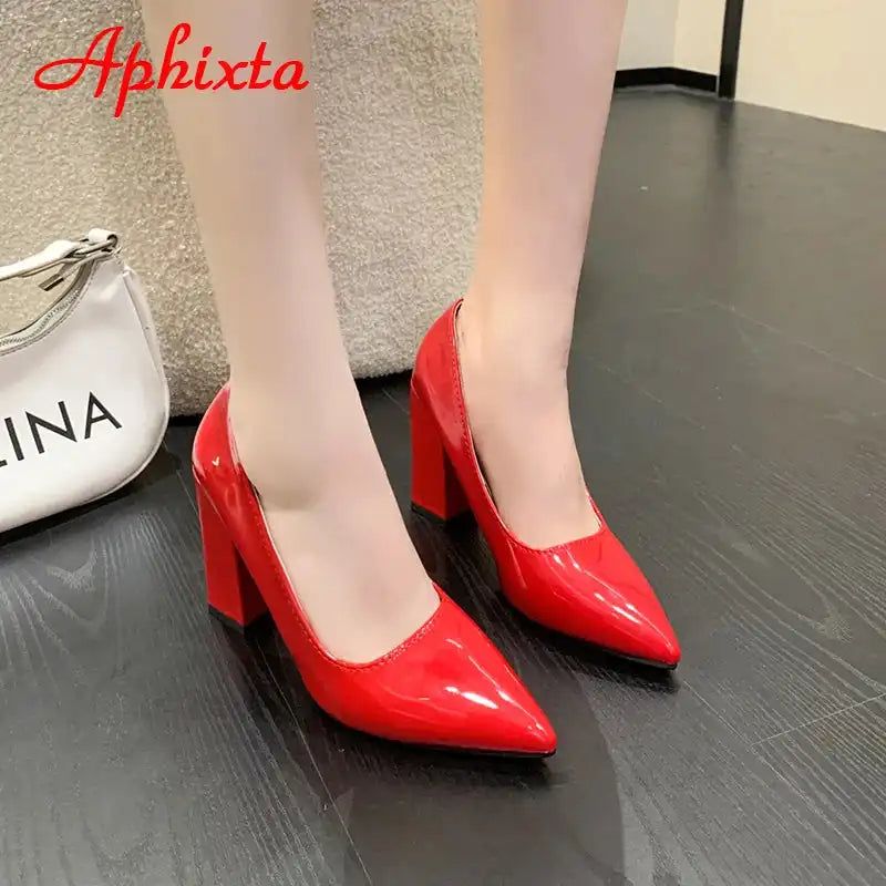 New Women's Patent Leather 10cm Square Heel Shoes by Aphixta - Extended Sizes 31-50