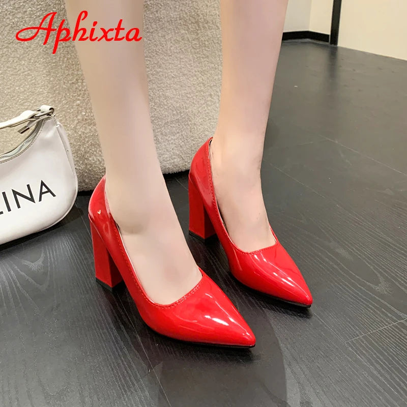 Women's Patent Leather 10cm Square Heel Shoes by Aphixta - Extended Sizes 31-50