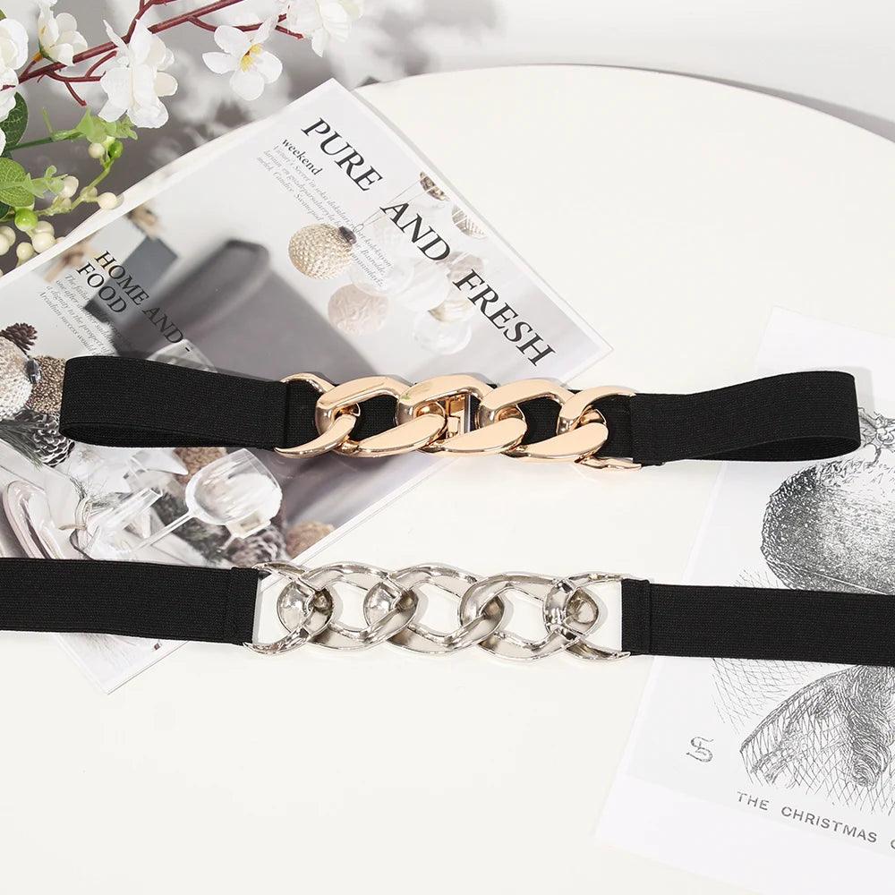 Fashion Elastic Belt, Gold or Silver Metal Buckle on Belt - Just The Fly Way
