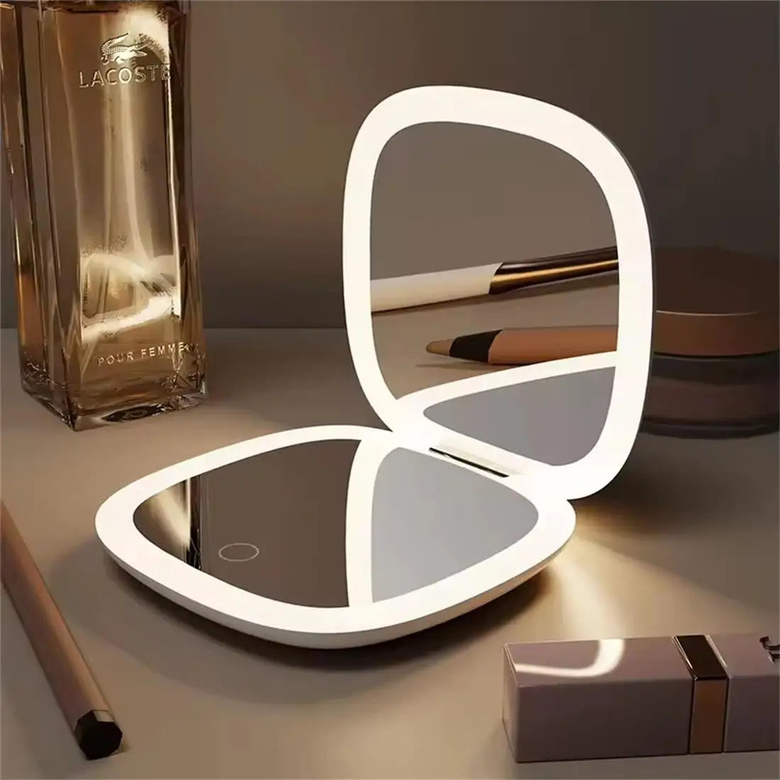 Portable LED Makeup Mirror, Double-Sided Lighted Mirror, Rechargeable 5X Magnification Folding Dressing Mirror for Touch-Ups.