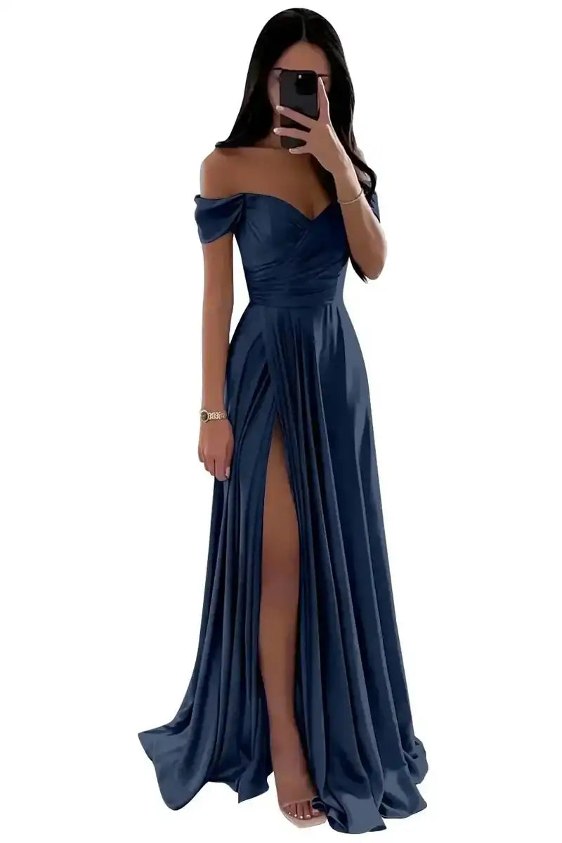 Elegant Women’s Off-the-Shoulder A-Line Evening Gown: Customized Slit Long Pleated Satin Dress