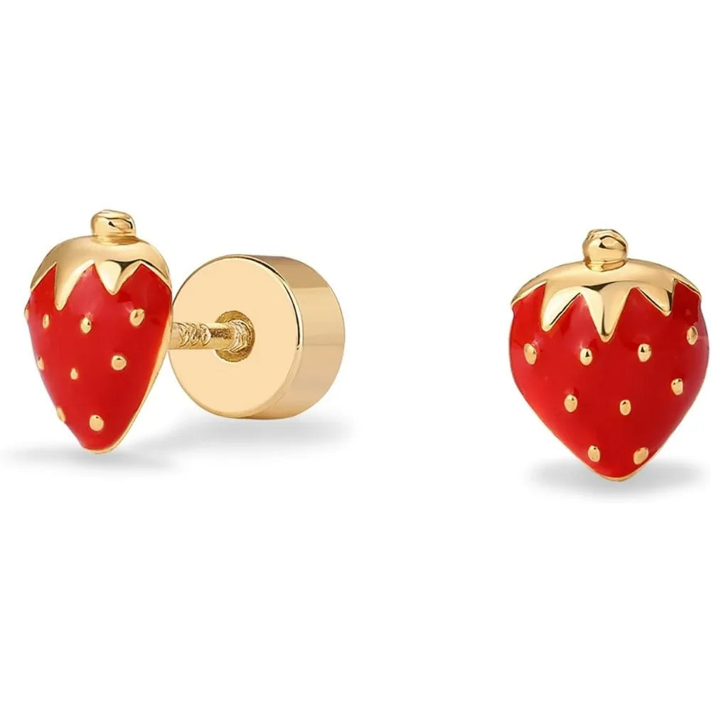 14K Gold Plated Sterling Silver Posts Enamel Flatback Stud Earrings for Women - Colored Chili Pepper Strawberry Peach Cherry Emo - Just The Fly Way