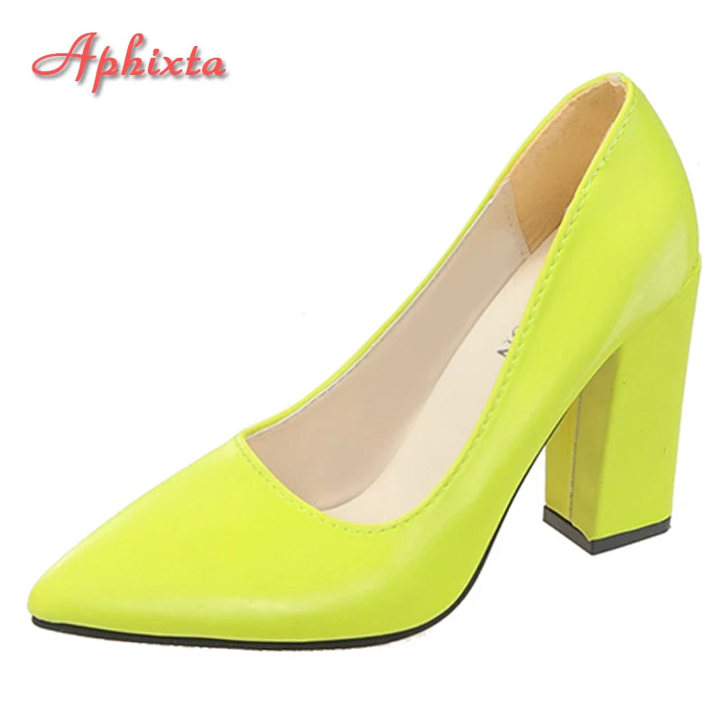 Women's Patent Leather 10cm Square Heel Shoes by Aphixta - Extended Sizes 31-50