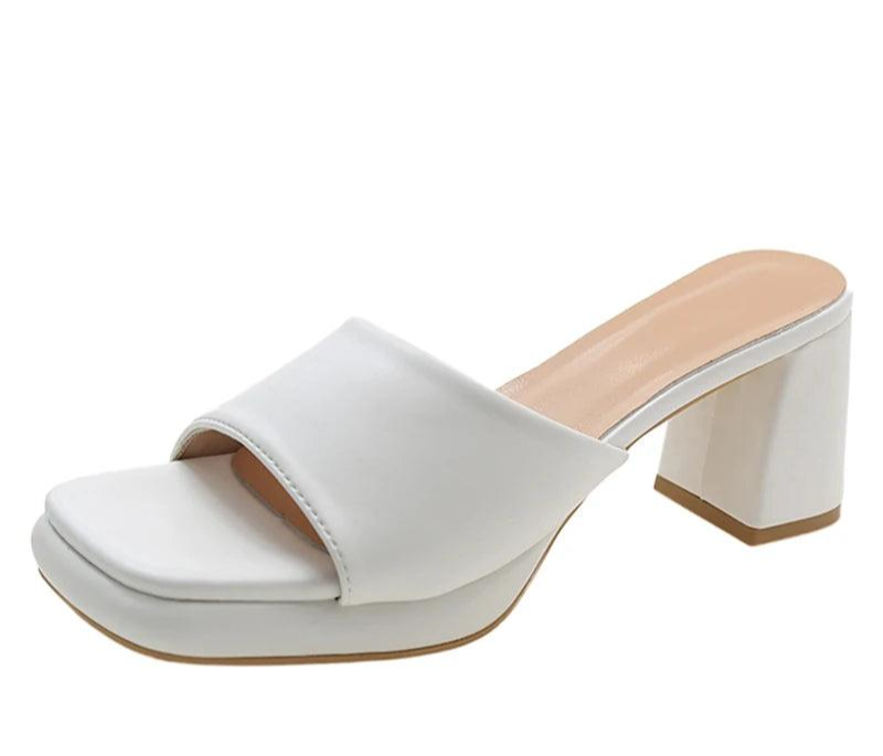 Women's Slide Shoes With Chunky Heels And Peep Toe Design - Just The Fly Way