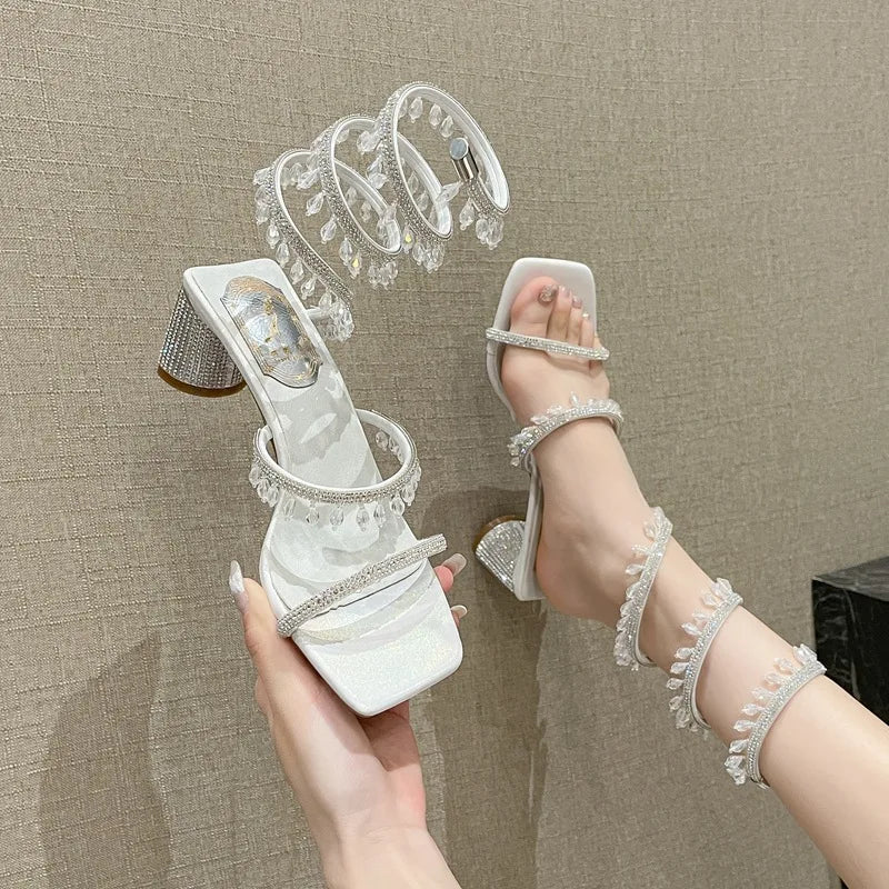 Fashionable, Bold and Beautiful Dress2025 Spring/Summer New Water Diamond Jewel Wrist Wrapped Snake-shaped High Heel Sandals Sexy Large Size Shoe Girl Women Sandals