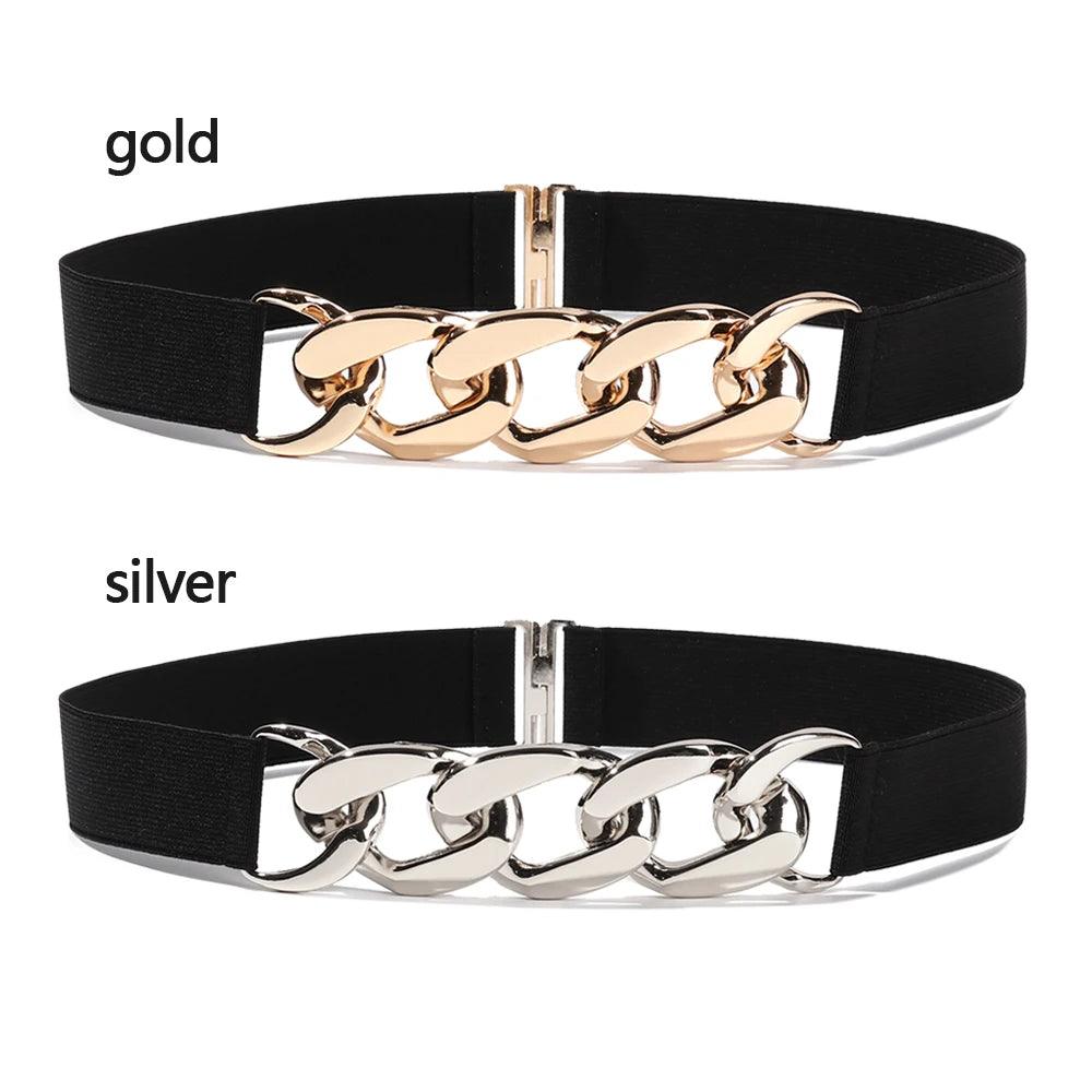 Fashion Elastic Belt, Gold or Silver Metal Buckle on Belt - Just The Fly Way