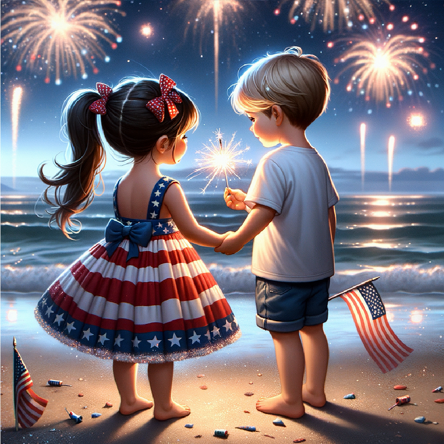 Kiddos Mesmerized by Fireworks Over the Water Framed Poster - Just The Fly Way