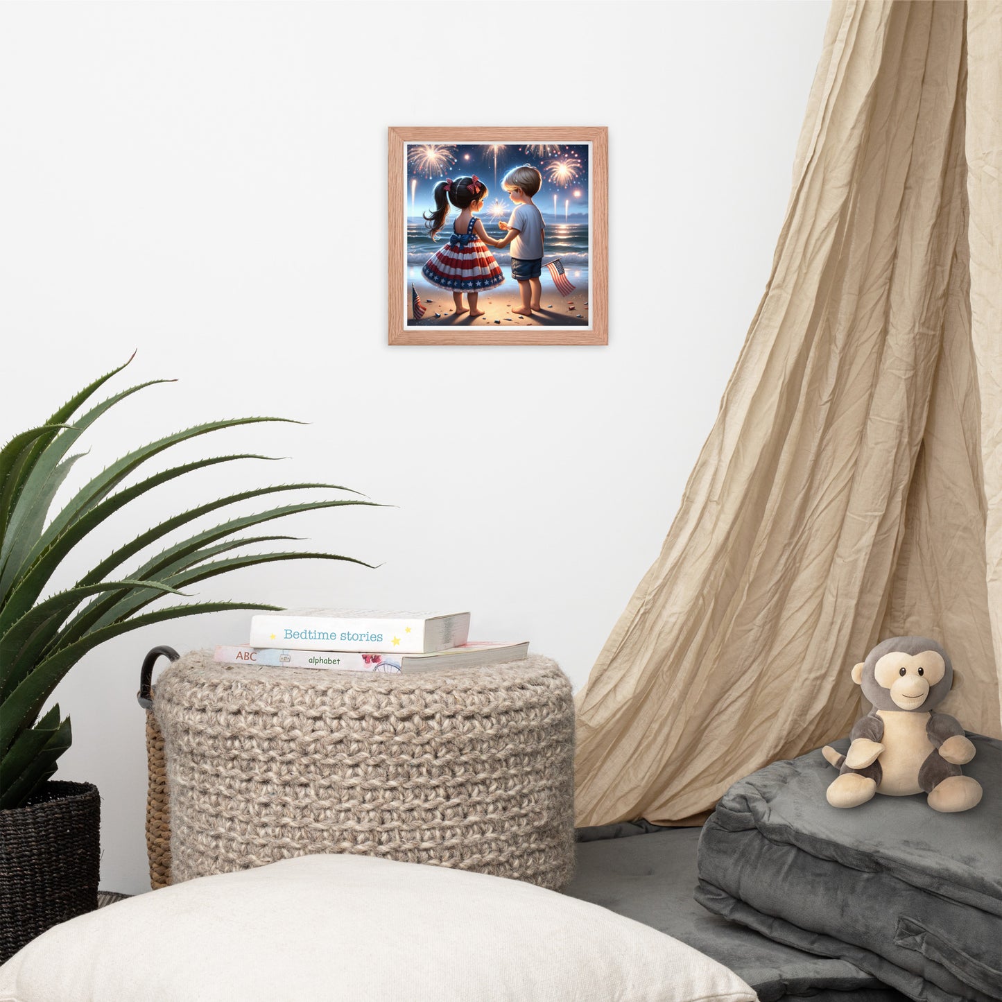 Kiddos Mesmerized by Fireworks Over the Water Framed Poster - Just The Fly Way