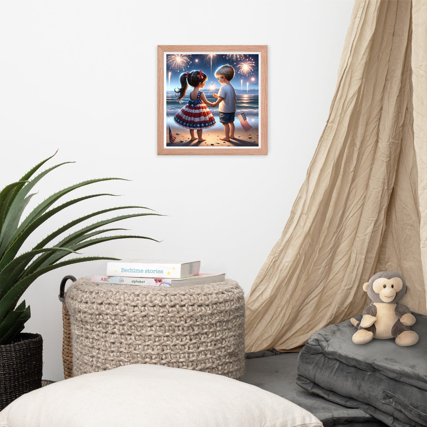 Kiddos Mesmerized by Fireworks Over the Water Framed Poster - Just The Fly Way